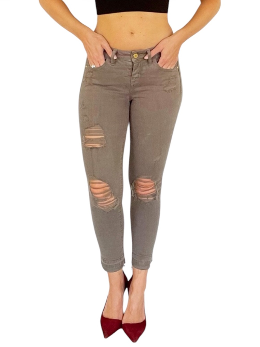 Bebe army green distressed skinny jeans size 25
